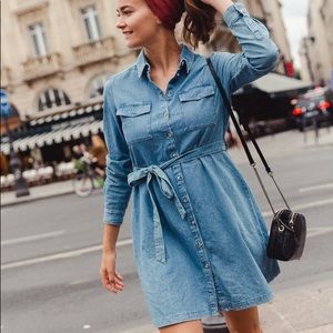 French Connection Denim Button Down Tie Belted Shirt Dress